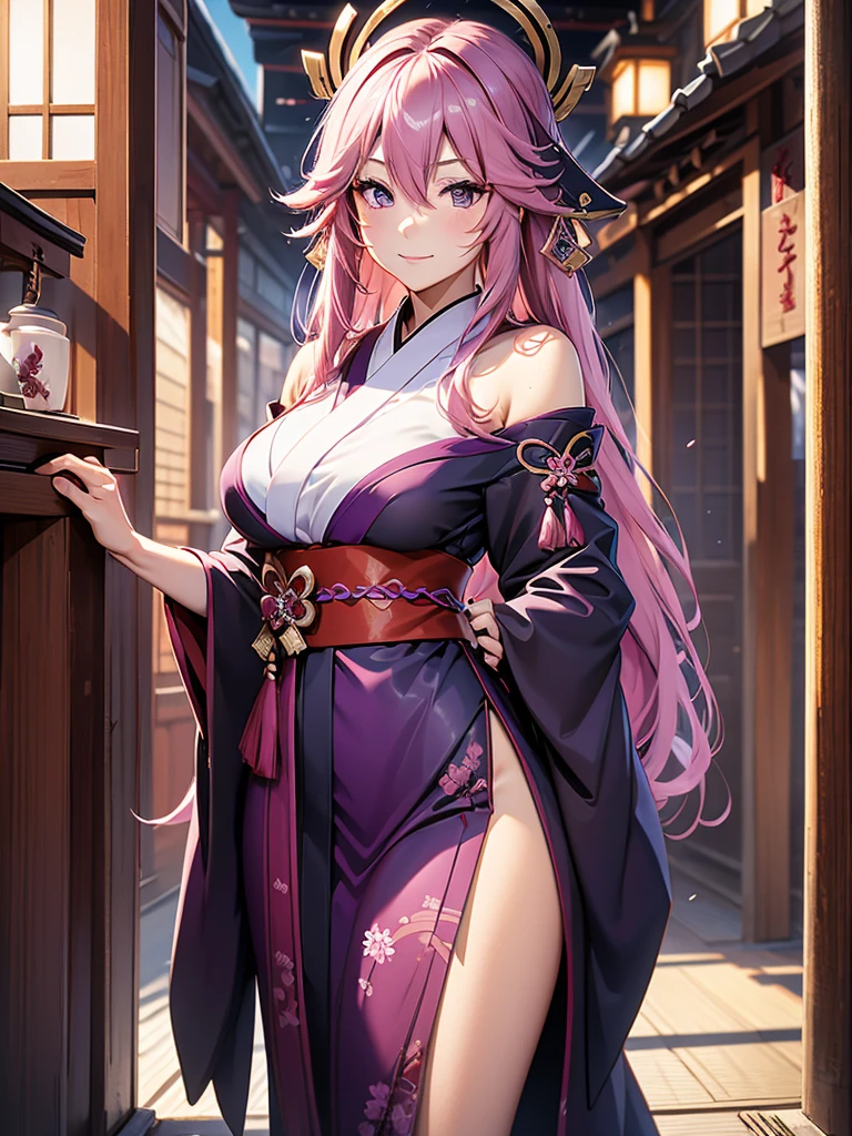 Yae miko, 1woman, wearing a long Japanese kimono, dark purple colour kimono, at a Japan shrine , pink colour hair, 8k, high detailed, high quality
