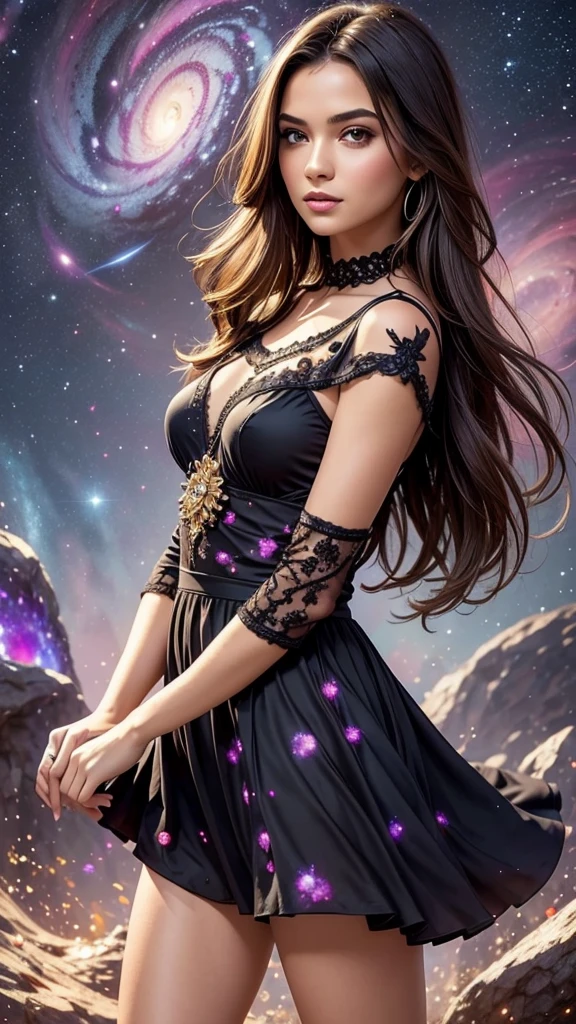 (best quality, masterpiece), 1girl, pose, particle, wind, flower, upper body, simple background, looking at viewer, black wildly hair, cosmic, nebulas, galaxy