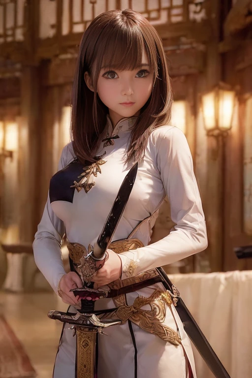 (Holding (Long sword:1.3)), (The blade glitters), (Holding sword sheath) 、(Stance of swordsmanship)、(1 girl)、Bob Hair、Brown Hair、Medium breast、Chinese clothing:1.3、Temple precinctasterpiece:1.2、Raw photo quality、Highest quality)、Beautiful face、Anatomically correct limbs、Anatomically correct body、