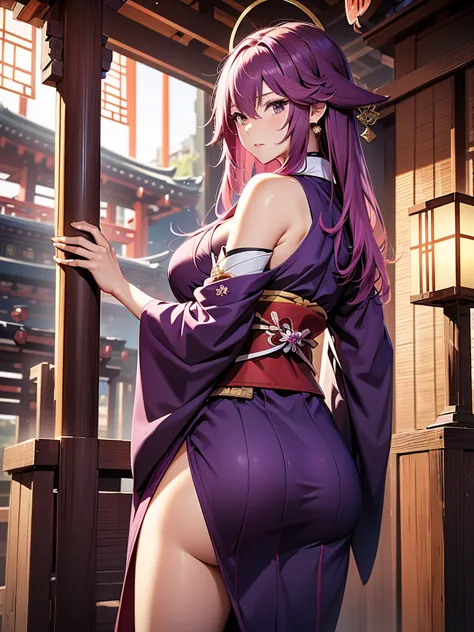 Yae miko, 1woman, wearing a long Japanese kimono, dark purple colour kimono, at a Japan shrine, large butt, back side look, pink...