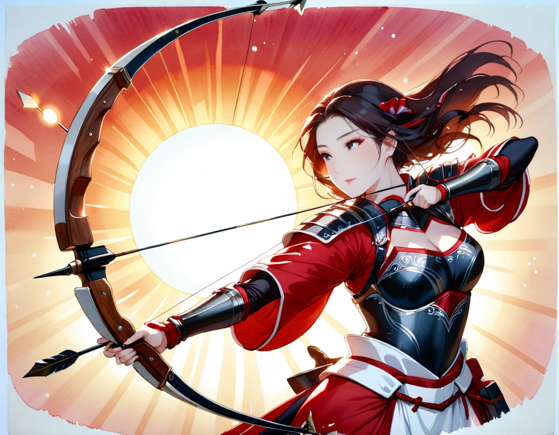 a Japanese watercolor illustration (using Black, white and red colors only) of a exquisite beautiful female archer, (silhouette artwork: 1.3), (aiming a bow: 1.4), holding the (composite masterwork bow: 1.3)  perfectly, ready for action as the sun rises, fantasy art, ), sun rising behind the archer, ready to act,  ultra feminine, with a long curvy hair, wearing knights armor, intricate clothes, , sting drawn to the cheek , arrow ready to be shot, (tip of the arrow glimmers in the sun: 1.3), sunrays, divine rays, high details, best quality, 16k, [ultra detailed], masterpiece, best quality, (extremely detailed), dynamic angle, Aiming a Bow, bow (weapon), ral-wtrclr