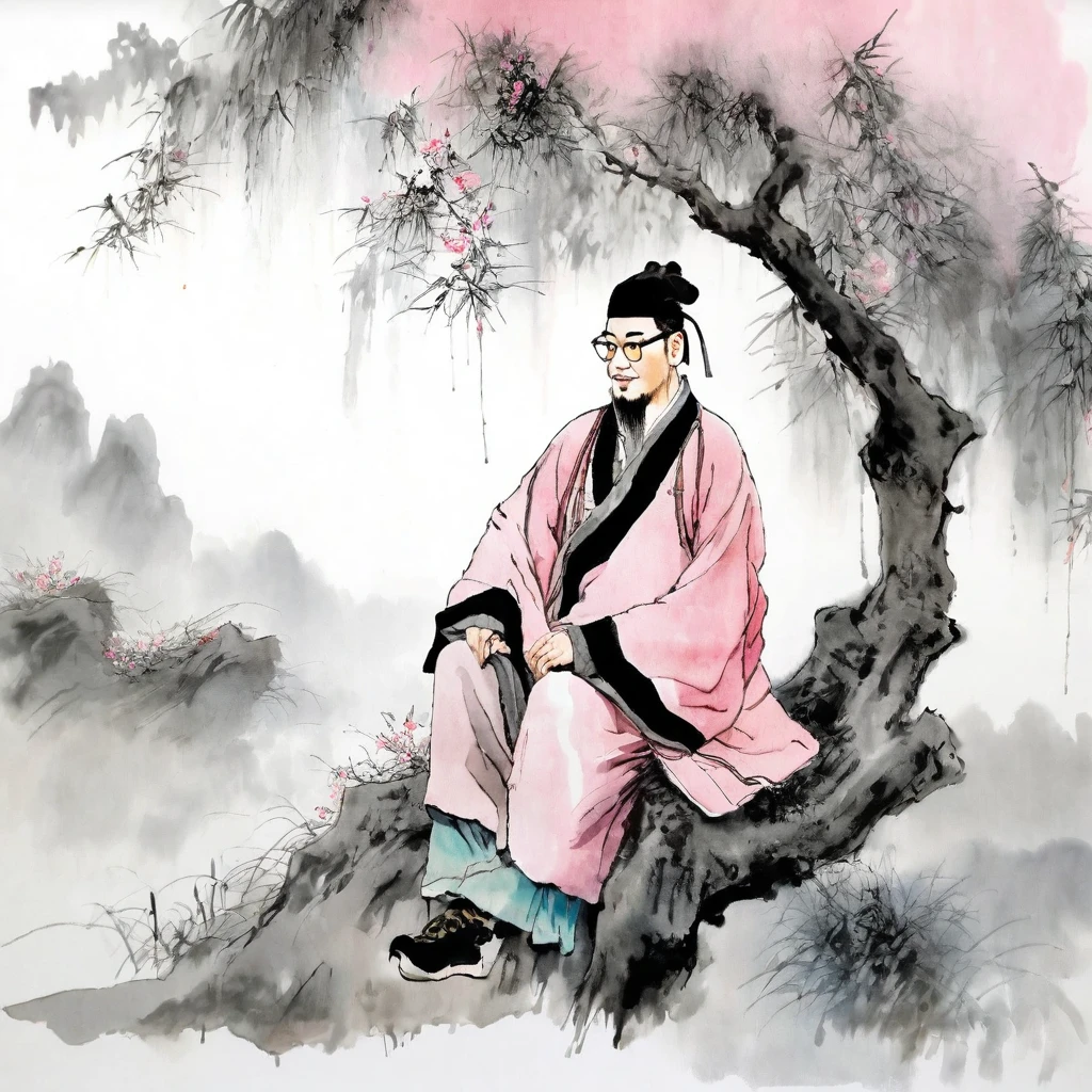 (best quality,ultra-detailed,realistic:1.37),masterpiece:1.2, sitting under a tree,Chinese scenery,ink splatters,ink texture,watercolor painting,pink clothing,pink attire,pale gray background,a man with stubble, slightly curly hair, and black square plastic-framed glasses