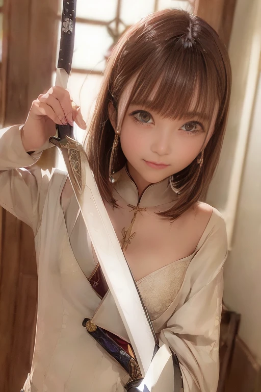 (Holding (Long sword:1.3)), (The blade glitters), (Holding sword sheath) 、(Stance of swordsmanship)、(1 girl)、Bob Hair、Brown Hair、Medium breast、Chinese clothing:1.3、Temple precinctasterpiece:1.2、Raw photo quality、Highest quality)、Beautiful face、Anatomically correct limbs、Anatomically correct body、