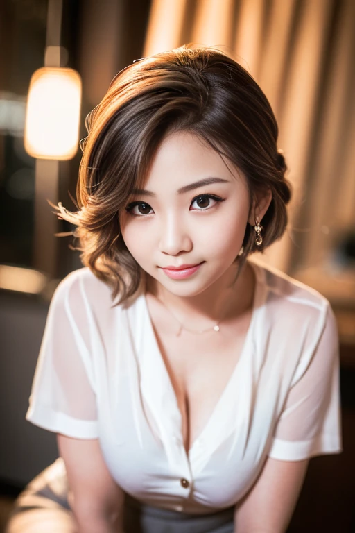 (une magnifique femme d'affaires chinoise, 22 ans, Elle se relaxe dans un bureau, ciel de nuit, chemise blanche, mini-jupe grise, joues fossettes, sourire amical, jolie dent de croc, cheveux courts roulés en un chignon, beau visage détaillé, Beaux yeux détaillés, poitrine ronde généreuse, Photoréaliste, Hyper-réalisme, Contraste élevé, Ultra HD, textures de peau réalistes, Qualité d&#39;image supérieure, qualité supérieure, super haute résolution, Détails fins, Très méticuleusement, chef-d&#39;œuvre, tête aux genoux, le coup de cowboy, Ambiance romantique, fond flou)