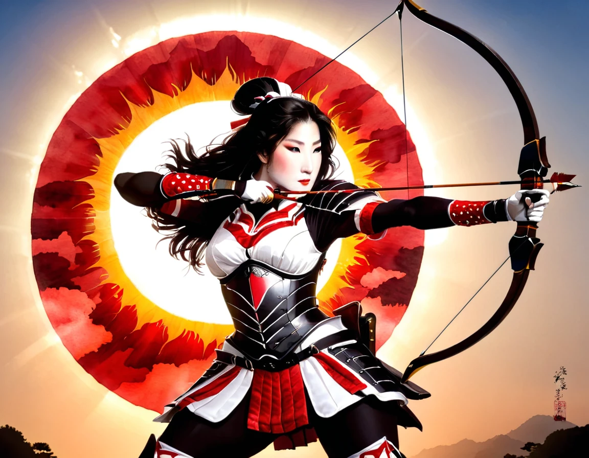 a Japanese watercolor illustration (using Black, white and red colors only) of a exquisite beautiful female archer, (silhouette artwork: 1.3), aiming a bow, holding the (composite masterwork bow: 1.3)  perfectly, ready for action as the sun rises, fantasy art, ), sun rising behind the archer, ready to act,  ultra feminine, with a long curvy hair, wearing knights armor, intricate clothes, , sting drawn to the cheek , arrow ready to be shot, (tip of the arrow glimmers in the sun: 1.3), sunrays, divine rays, high details, best quality, 16k, [ultra detailed], masterpiece, best quality, (extremely detailed), dynamic angle, Aiming a Bow, bow (weapon), ral-wtrclr
