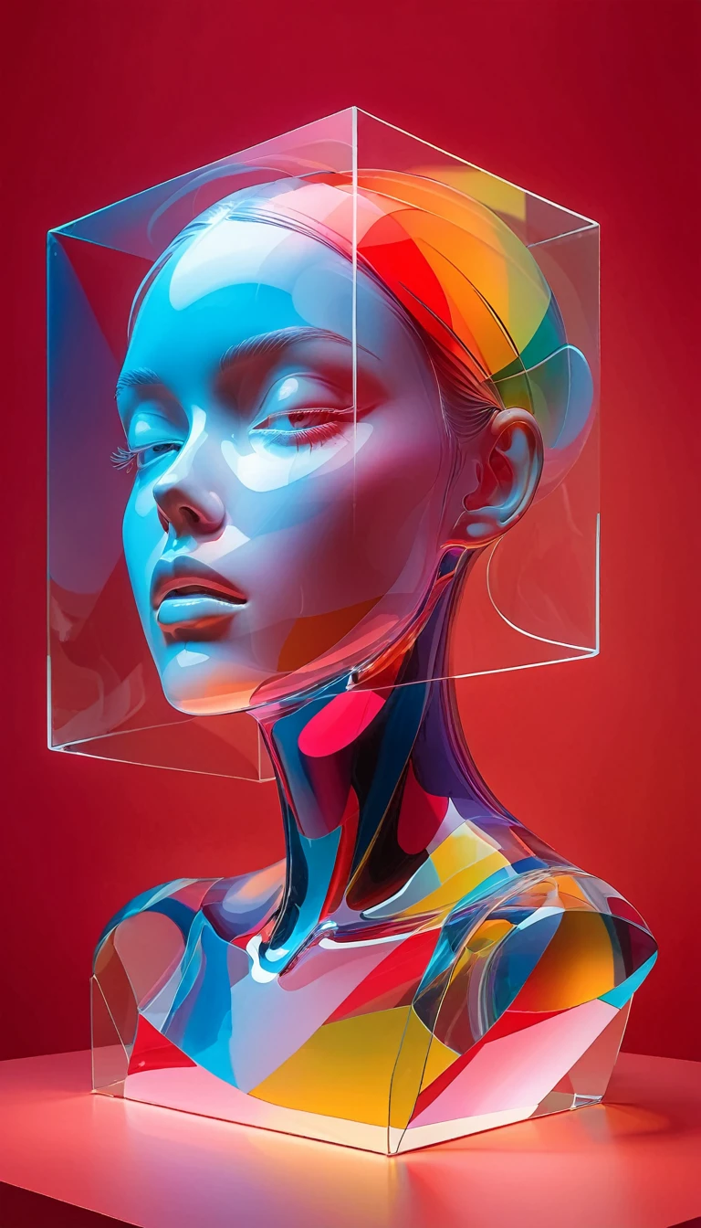 Colorful transparent portrait sculpture，Illuminate the edges，Red background，Cube Geometric Booth，artistry，Rhythm，Rhythm，Minimal Art