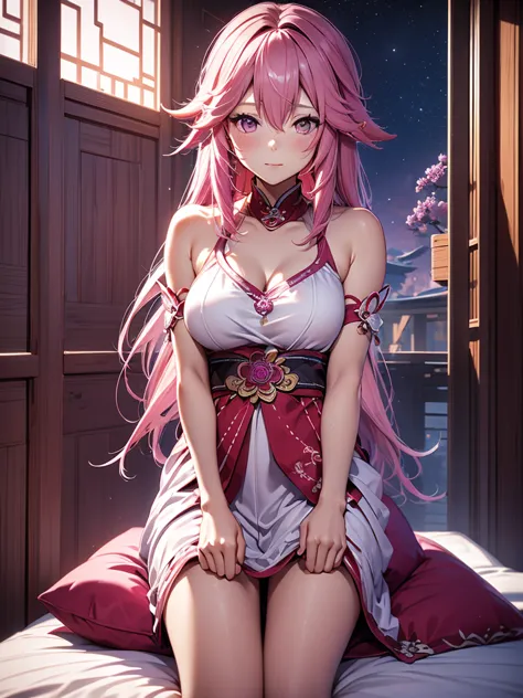 Yae miko, 1woman, wearing a night dress, at morning bed, pink colour hair, 8k, high detailed, high quality
