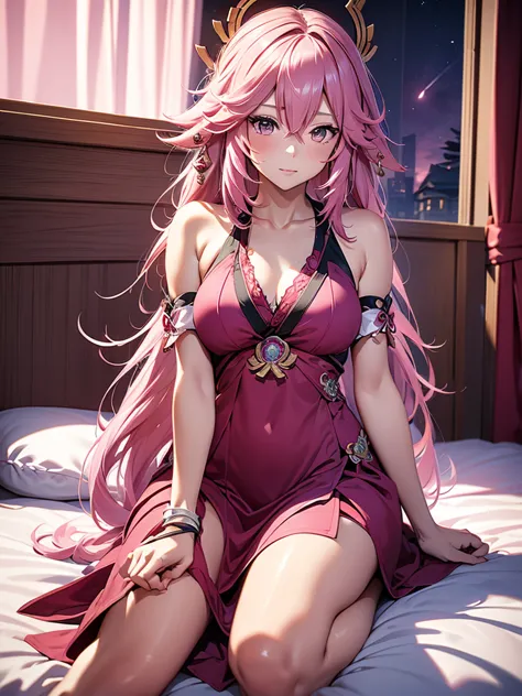 Yae miko, 1woman, wearing a night dress, at morning bed, pink colour hair, 8k, high detailed, high quality