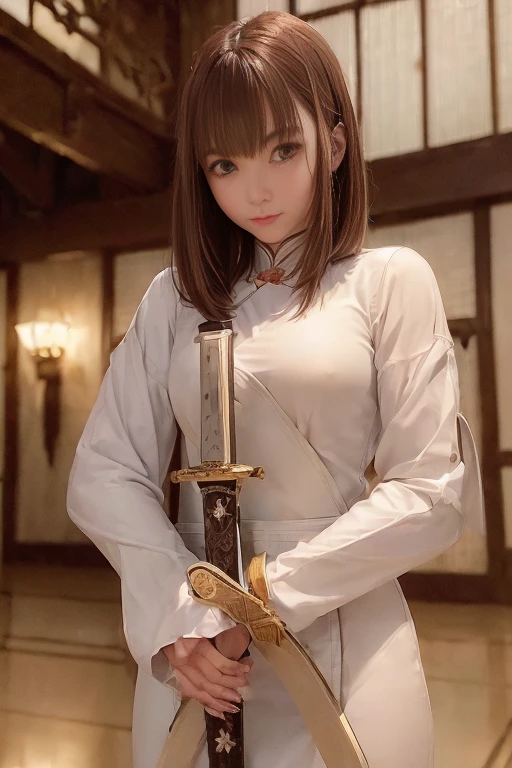 (Holding (Long sword:1.3)), (The blade glitters), (Holding sword sheath) 、(Stance of swordsmanship)、(1 girl)、Bob Hair、Brown Hair、Medium breast、Chinese clothing:1.3、Temple precincts、(masterpiece:1.2、Raw photo quality、Highest quality)、Beautiful face、Anatomically correct limbs、Anatomically correct body、