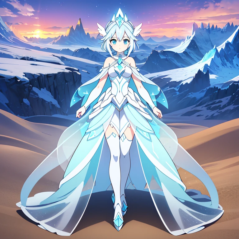  (Glacial Guardian is a noble and mystical Pokémon with a humanoid form, embodying the essence of ice and protection in the harsh desert environment. Its appearance is striking yet serene, with a tall and slender frame encased in shimmering armor made of glacial ice. The armor reflects the colors of the desert sunset, blending shades of pale blue, silver, and translucent white. Glacial Guardian's eyes are gentle and compassionate, glowing softly with a serene inner light that belies its sleepy demeanor.) Full body, beautiful eyes , 1 girl  , full body , cute girl , anime style   , cute eyes