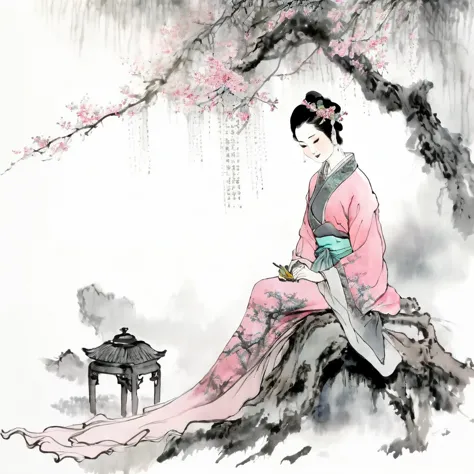 (best quality,ultra-detailed,realistic:1.37),masterpiece:1.2,woman sitting under a tree,chinese scenery,ink splatters,ink textur...