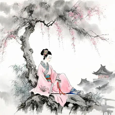 (best quality,ultra-detailed,realistic:1.37),masterpiece:1.2,woman sitting under a tree,chinese scenery,ink splatters,ink textur...