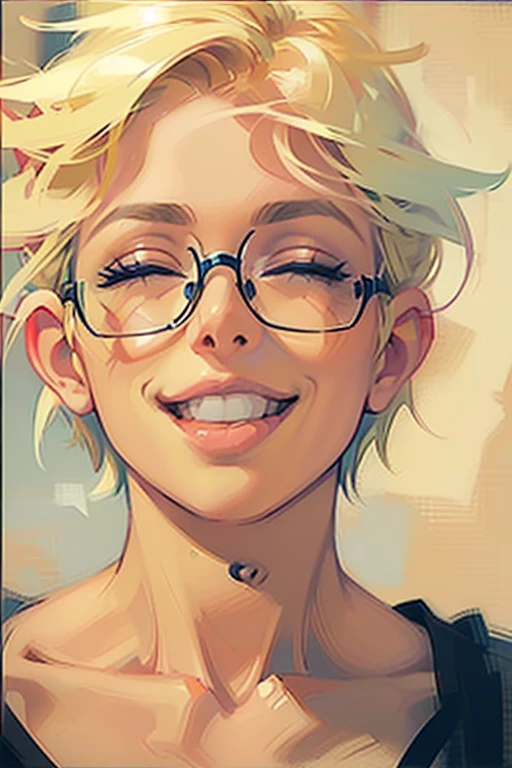 (Close-up of woman's face:1.4). Getting ((aroused:1.1)), ((closed eyes, moan:1.2)). Athletic blonde woman, (short hair), tomboy, cute, ((smile)), Reading glasses, t-shirt, panties, very light makeup. ((Masterpiece, best quality)),edgQuality, edgOrgasm,face focus.