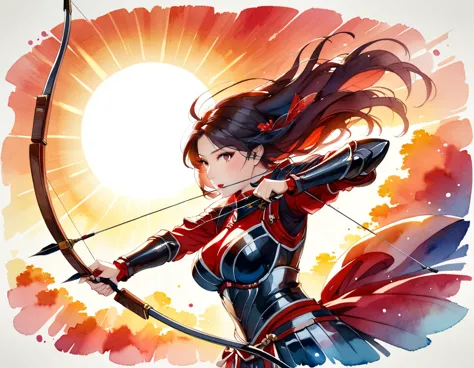 a japanese watercolor illustration (using black, white and red colors only) of a exquisite beautiful female archer, (silhouette ...