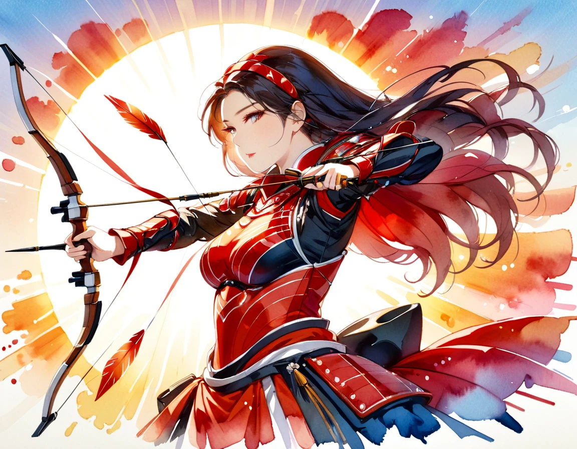 a Japanese watercolor illustration (using Black, white and red colors only) of a exquisite beautiful female archer, (silhouette artwork: 1.3), (aiming a bow: 1.4), holding the (masterwork bow: 1.3)  perfectly, ready for action as the sun rises, fantasy art, ), sun rising behind the archer, ready to act,  ultra feminine, with a long curvy hair, wearing knights armor, intricate clothes, , sting drawn to the cheek , arrow ready to be shot, (tip of the arrow glimmers in the sun: 1.3), sunrays, divine rays, high details, best quality, 16k, [ultra detailed], masterpiece, best quality, (extremely detailed), dynamic angle, Aiming a Bow, bow (weapon), ral-wtrclr