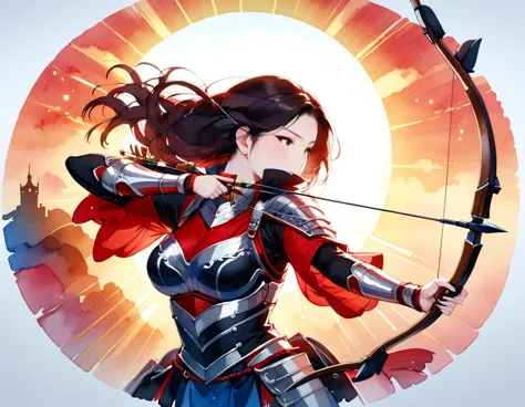 a Japanese watercolor illustration (using Black, white and red colors only) of a exquisite beautiful female archer, (silhouette ...