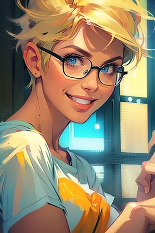 (Close-up of woman's face:1.4). Getting ((aroused:1.1)), ((loving eye contact:1.2)). Athletic blonde woman, (short hair), tomboy, cute, ((smile)), Reading glasses, t-shirt, panties, very light makeup. ((Masterpiece, best quality)),face focus.