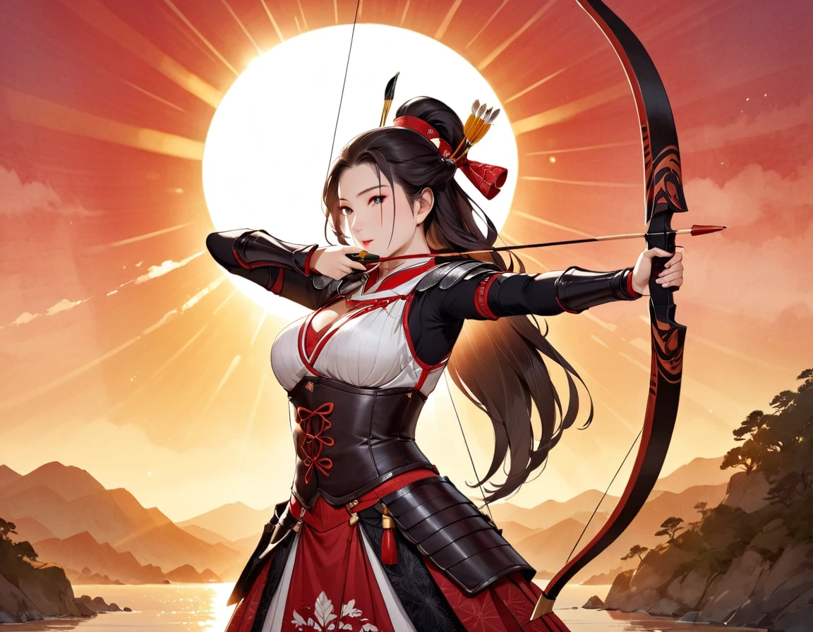 a Japanese watercolor illustration (using Black, white and red colors only) of a exquisite beautiful female archer, (silhouette artwork: 1.3), (aiming a bow: 1.4), holding the (composite masterwork bow: 1.3)  perfectly, ready for action as the sun rises, fantasy art, ), sun rising behind the archer, ready to act,  ultra feminine, with a long curvy hair, wearing knights armor, intricate clothes, , sting drawn to the cheek , arrow ready to be shot, (tip of the arrow glimmers in the sun: 1.3), sunrays, divine rays, high details, best quality, 16k, [ultra detailed], masterpiece, best quality, (extremely detailed), dynamic angle, Aiming a Bow, bow (weapon), 