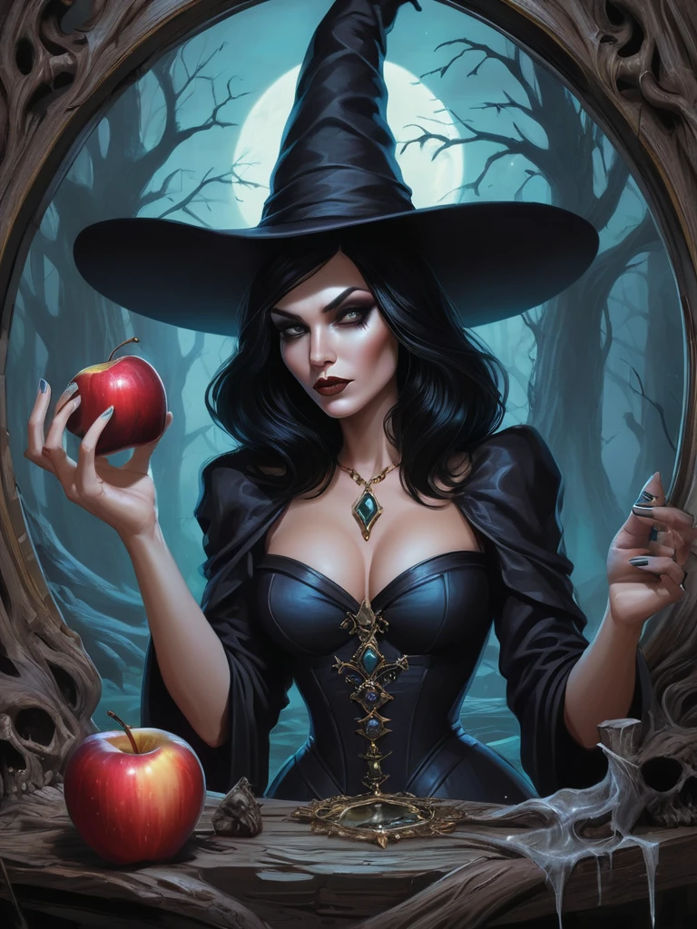 mundo maravilloso，Bruja con poderes misteriosos，Hermoso，pelo negro，Castillo oscuro，madera muerta, ((Sosteniendo una manzana envenenada，Magia Venenosa))，(Espejo mágico)，Reina Bruja，magia, fantástico, concepto de arte de fantasía, detalles intrincados, mejor calidad, obra maestra, Extremadamente afilado, Surrealism