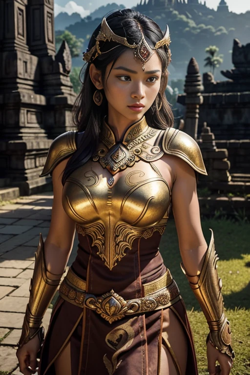 1female, a warrior female during the Majapahit kingdom era, with a sharp and brave gaze, wearing ancient Javanese war armor, southeast Asian female, portrait, Prambanan Temple in the background, ancient Javanese era, cinematic photography, (Warm Light: 1.2), (Firefly: 1.2), Lights, Intricate Details, Volumetric Lighting (Masterpiece: 1.2), (Best Quality), 8k, Ultra Detailed, (Dynamic Composition: 1.4), Rich in Detail and Color, (Glow, Atmospheric Lighting), detailed beautiful delicate face, detailed beautiful delicate eyes, a face of perfect proportion, clear skin texture, ultra-detailed body