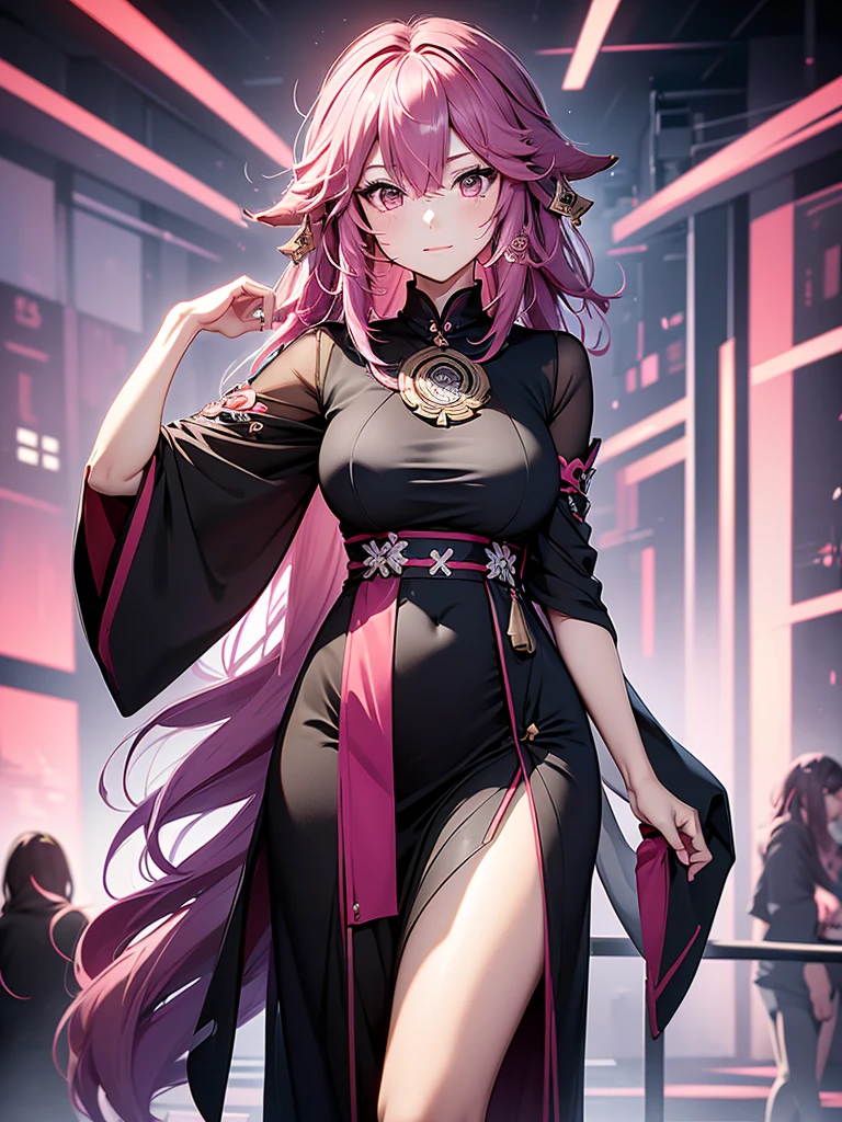 Yae miko, 1woman, wearing a modern stylish black colour party frock, short plain black colour party frock, at a night party, pink colour hair, 8k, high detailed, high quality