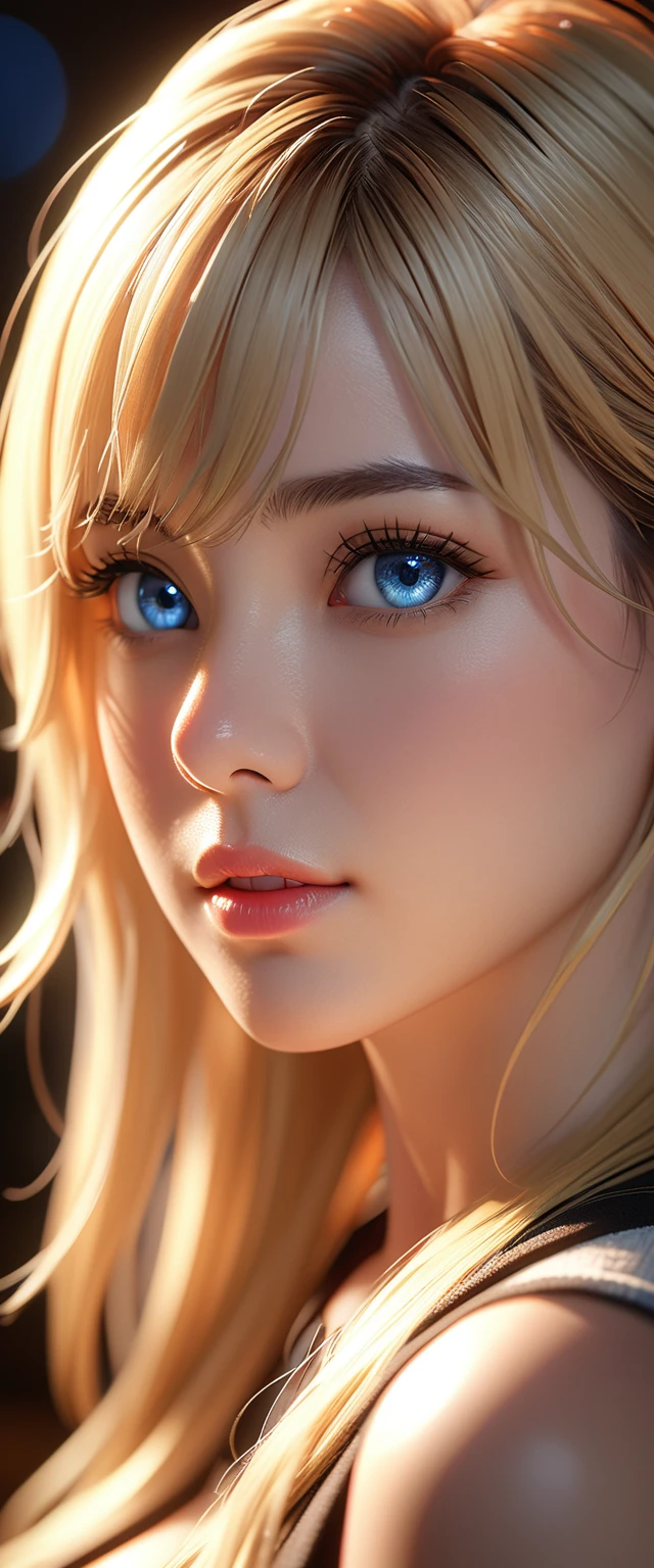 mejor calidad, obra maestra, Alta resolución, Retrato, Práctico, blue eyes, rubio, pechos grandes, resolución 8k, alta calidadCG, Hermoso CG, luz tenue, Efecto Tyndall, natural, iluminación de dos colores, iluminación lateral, (Piel HD:1.2), 8K UltraHD, alta calidad, iluminación volumétrica, admitir, fotografía, 超Alta resolución, 8K, bokeh, poca profundidad de campo