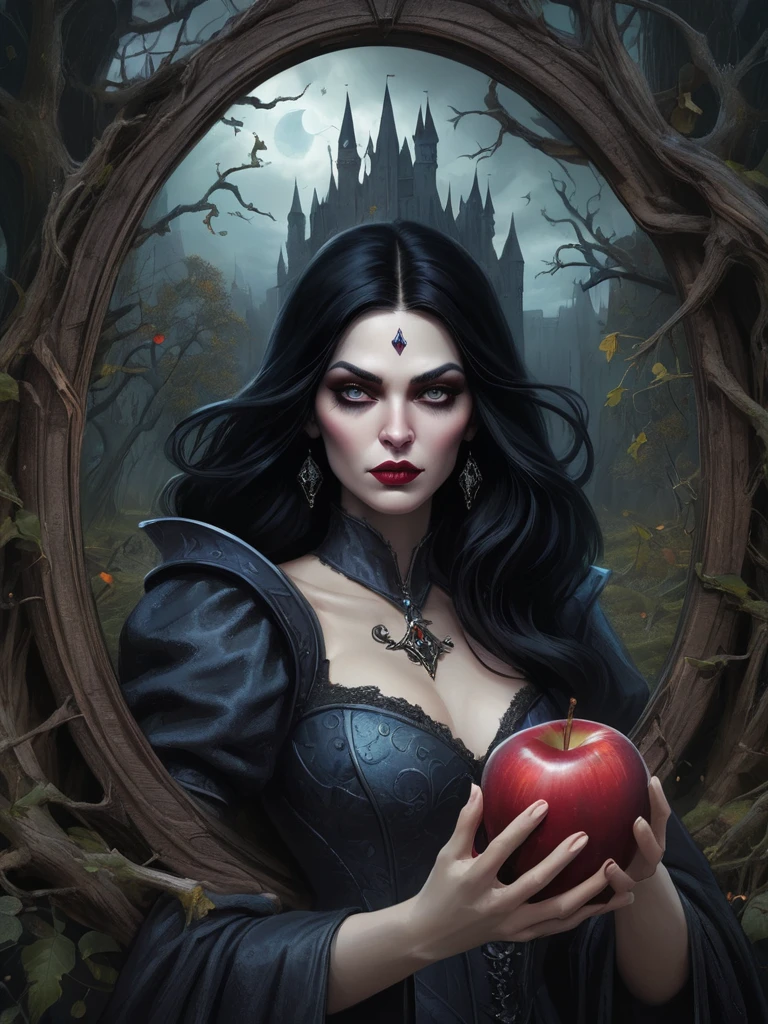 mundo maravilloso，Bruja con poderes misteriosos，((Hermoso))，pelo negro，Castillo oscuro，madera muerta, ((Sosteniendo una manzana envenenada，Magia Venenosa))，(Espejo mágico)，Reina Bruja，magia, fantástico, concepto de arte de fantasía, detalles intrincados, mejor calidad, obra maestra, Extremadamente afilado, Surrealism