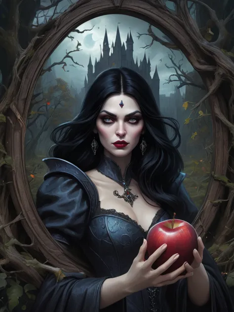 wonderland，Witch with mysterious powers，((beautiful))，Black hair，Dark Castle，Dead Wood, ((Holding a poisoned apple，Poison Magic)...