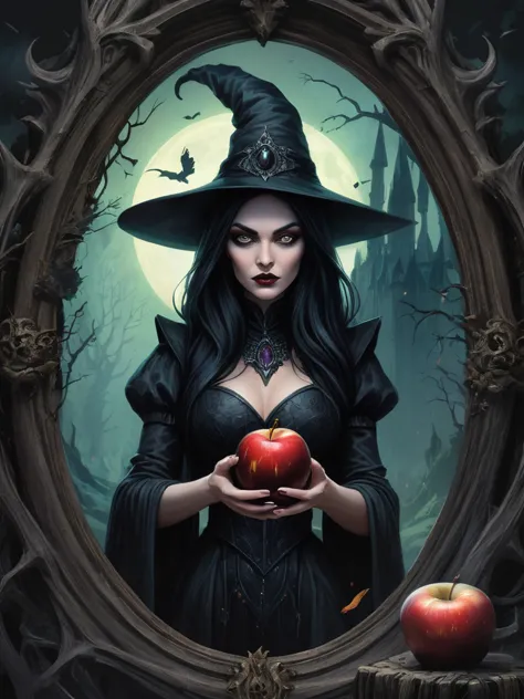 wonderland，Witch with mysterious powers，((beautiful))，Black hair，Dark Castle，Dead Wood, ((Holding a poisoned apple，Poison Magic)...