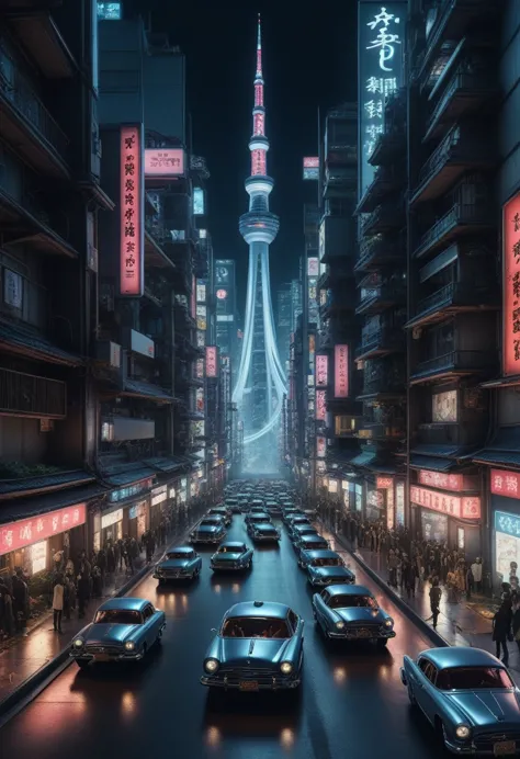 Future City、Tokyo、empty mechanical car、night、A multitude of cyborgs fighting surrounded by creepy cyborg DNA."."Agnes Cecil, aut...