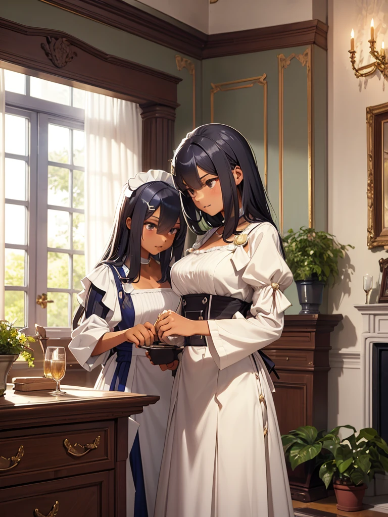 (​masterpiece、top-quality、hight resolution、Unity 8k Wallpaper、extremely details CG:1), An illustration depicting a typical day in a wealthy aristocratic mansion, featuring a young elementary school-aged girl and her devoted nursemaid, who has now become her personal maid. The young lady is dressed in an elegant, classic aristocratic outfit, reflecting her privileged upbringing. The nursemaid-turned-maid is dressed in a traditional maid uniform, appearing both nurturing and professional. They are seen engaging in everyday activities within the opulent surroundings of the mansion, such as the grand living room with luxurious furnishings, large windows with heavy drapes, and a lavish garden visible outside. The scene captures the close bond and care between the young girl and her maid in a sophisticated yet warm atmosphere.