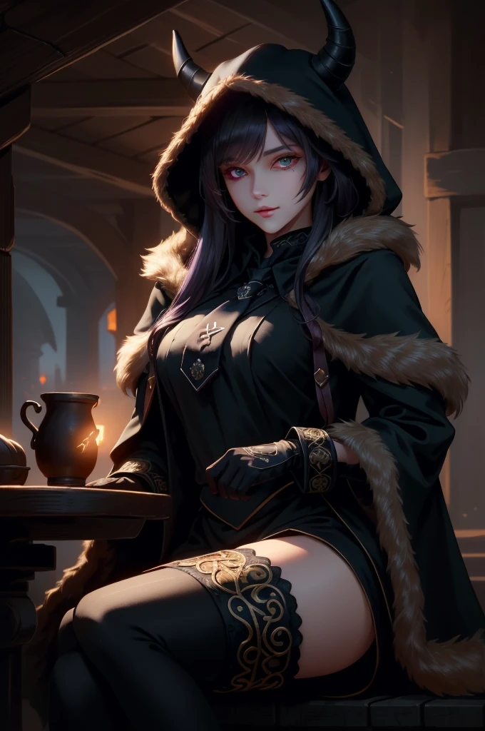 (masterpiece, best quality),  intricate details,
1girl,    nerissa_ravencroft,  fur trim, necktie, black gloves, thighhighs,  horn, 
 edgCultist, dark, ominous, wearing edgCultist_hood, glowing eyes,  purple eyes, sitting in tavern