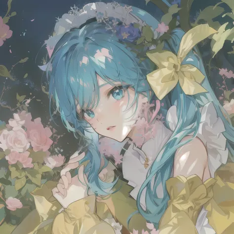anime girl with blue hair and blue eyes holding flowers, anime girl with teal hair, dreamy psychedelic anime, portrait of hatsun...