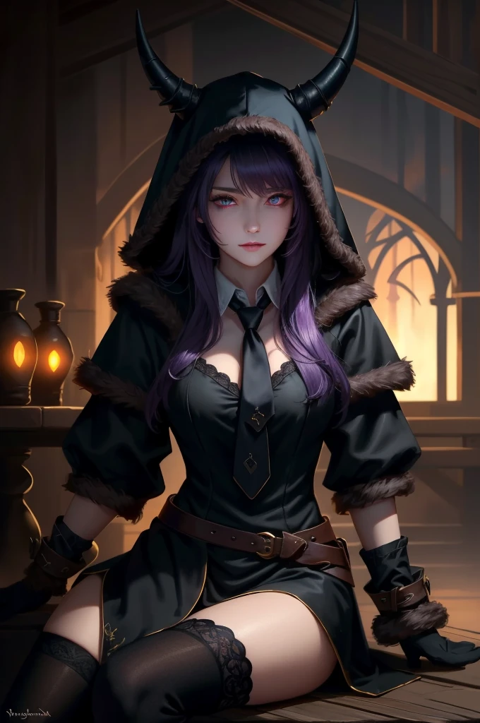 (masterpiece, best quality),  intricate details,
1girl,    nerissa_ravencroft,  fur trim, necktie, black gloves, thighhighs,  horn, 
 edgCultist, dark, ominous, wearing edgCultist_hood, glowing eyes,  purple eyes, sitting in tavern