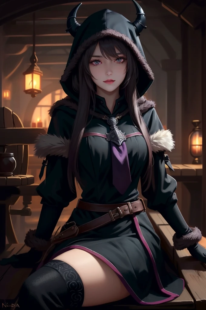 (masterpiece, best quality),  intricate details,
1girl,    nerissa_ravencroft,  fur trim, necktie, black gloves, thighhighs,  horn, 
 edgCultist, dark, ominous, wearing edgCultist_hood, glowing eyes,  purple eyes, sitting in tavern