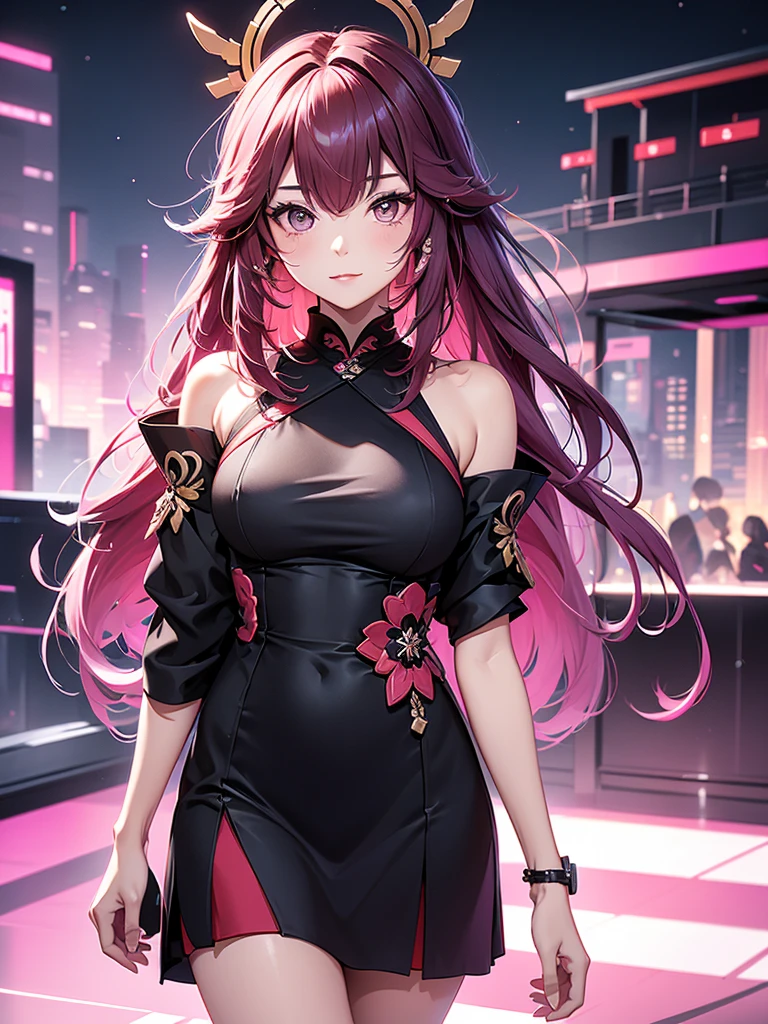 Yae miko, 1woman, wearing a modern stylish black colour party frock, mini dress, short plain black colour mini party frock, at a night party, pink colour hair, 8k, high detailed, high quality