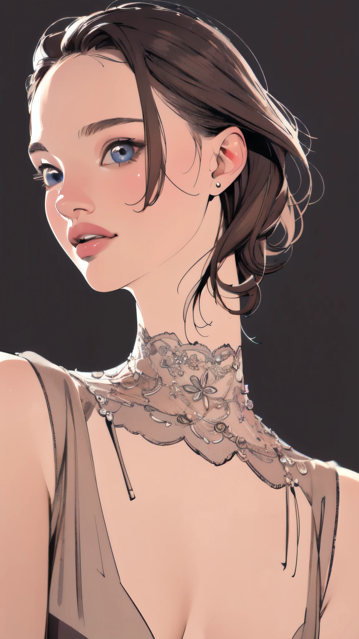 (masterpiece:1.2, Highest quality),8K,wallpaper,(An illustration),(Natalie Portman), Upper body close-up,front,short hair,Wearing a bold dress,Perfect Eyes,Detailed face,,Cool woman