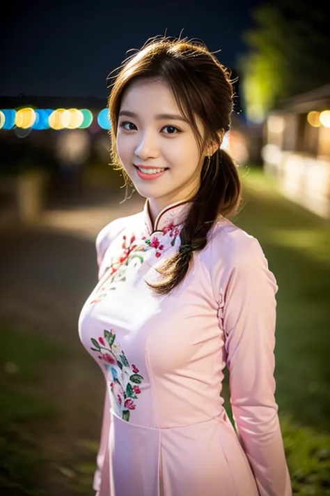 (a gorgeous lady, age 18, vietnamese traditional dress pink ao dai, nature walk in hanoi night sky, friendly expression, dimpled...