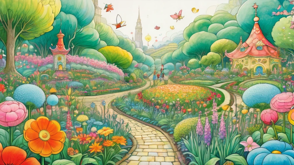 ((Close-up of a large garden scene in the center))、looks happy,An illustration,pop,colorfulに,draw with thick lines,color,、Happy dreams,Warm and full of happiness,,colorful,Fancy,Fantasy,,Detailed explanation,fluffy,Randolph Caldecott Style