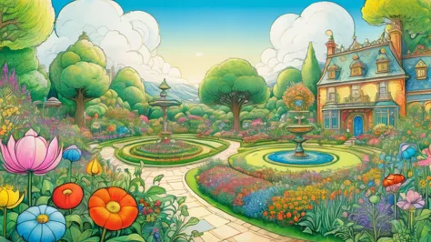 ((Close-up of a large garden scene in the center))、looks happy,An illustration,pop,colorfulに,draw with thick lines,color,、Happy ...
