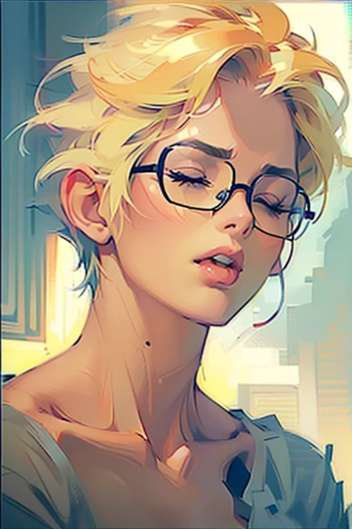 (Close-up of woman's face:1.4). Getting ((aroused:1.1)), ((closed eyes, moan:1.4)). Athletic blonde woman, (short hair), tomboy, cute, Reading glasses, t-shirt, panties, very light makeup. ((Masterpiece, best quality)),edgQuality, edgOrgasm,face focus.