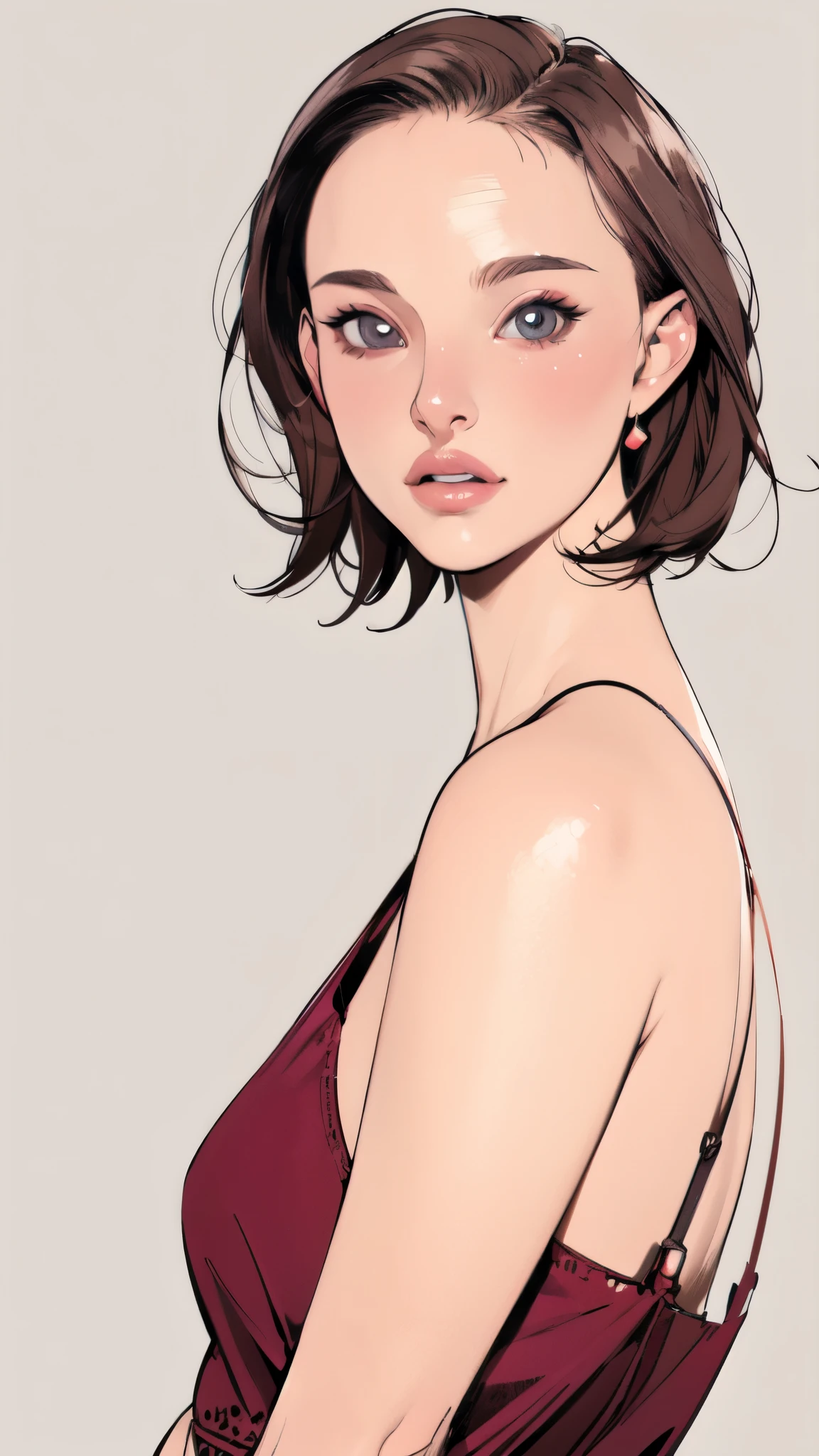 (masterpiece:1.2, Highest quality),8K,wallpaper,(An illustration),(Natalie Portman), Upper body close-up,front,short hair,Wearing a bold dress,Perfect Eyes,Detailed face,,Cool woman