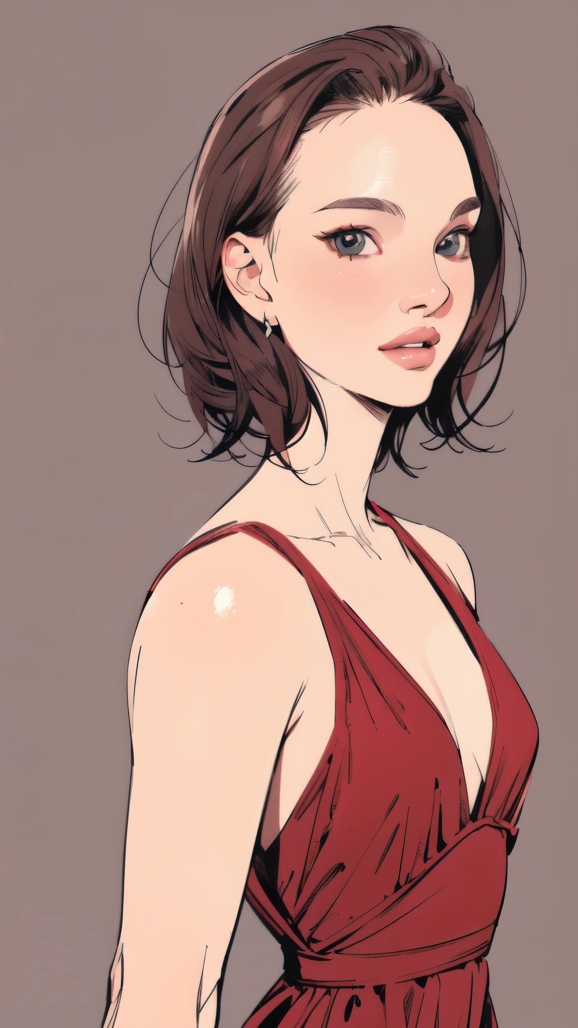 (masterpiece:1.2, Highest quality),8K,wallpaper,(An illustration),(Natalie Portman), Upper body close-up,front,short hair,Wearing a bold dress,Perfect Eyes,Detailed face,,Cool woman