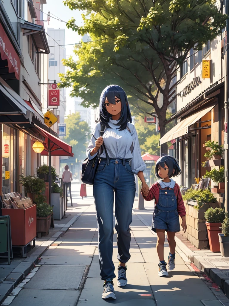 (​masterpiece、top-quality、hight resolution、Unity 8k Wallpaper、extremely details CG:1), A heartwarming scene of a mother and  walking down a bustling city street. The mother, dressed in casual yet stylish attire, holds the child's hand protectively. The , full of curiosity and energy, looks around with wide eyes, taking in the sights and sounds of the city. The street is lined with shops, cafes, and people going about their day. There are trees along the sidewalk, adding a touch of greenery to the urban environment. The overall atmosphere is lively and vibrant, capturing a moment of everyday life. Hishi Amazon (umamusume)