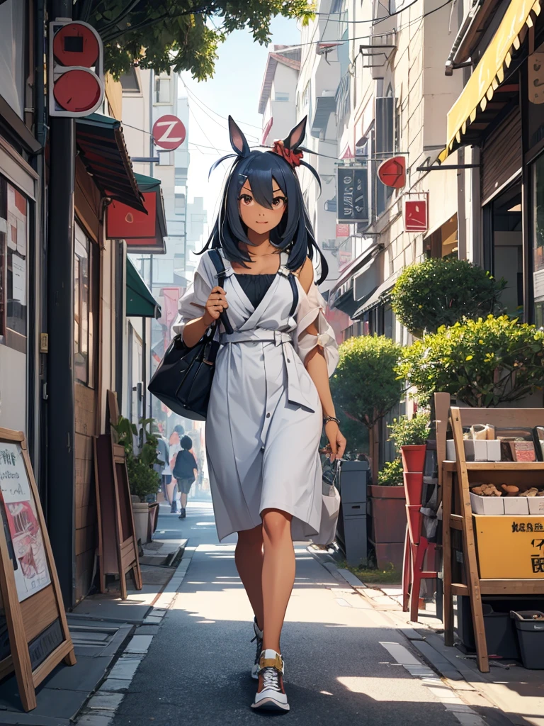 (​masterpiece、top-quality、hight resolution、Unity 8k Wallpaper、extremely details CG:1), A heartwarming scene of a mother and  walking down a bustling city street. The mother, dressed in casual yet stylish attire, holds the child's hand protectively. The , full of curiosity and energy, looks around with wide eyes, taking in the sights and sounds of the city. The street is lined with shops, cafes, and people going about their day. There are trees along the sidewalk, adding a touch of greenery to the urban environment. The overall atmosphere is lively and vibrant, capturing a moment of everyday life. Hishi Amazon (umamusume)