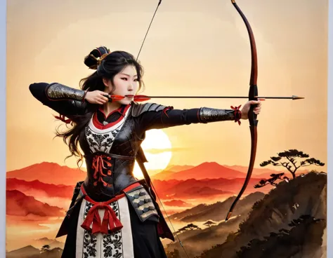 a Japanese watercolor illustration (using Black, white and red colors only) of a exquisite beautiful female archer, (silhouette ...