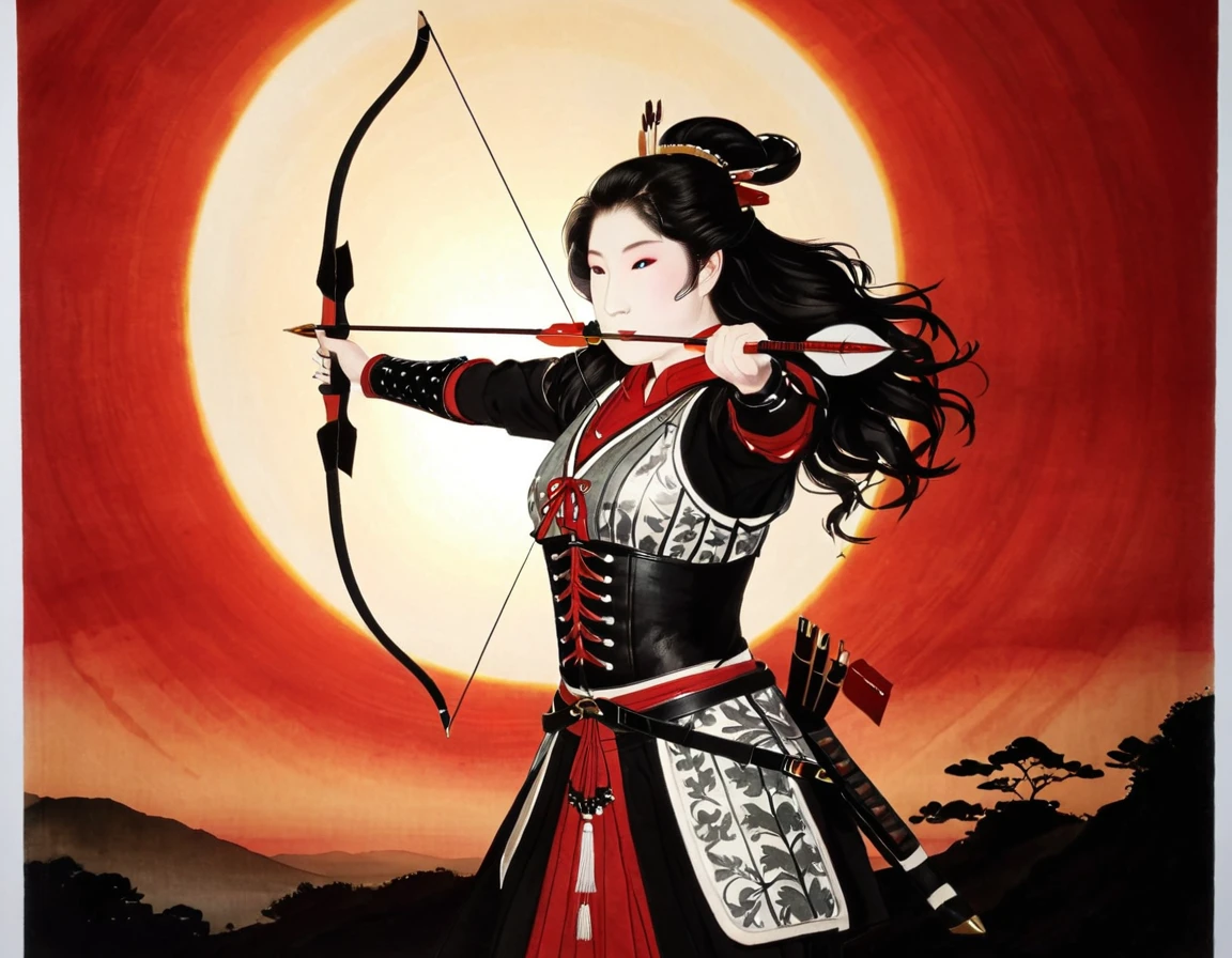 a Japanese watercolor illustration (using Black, white and red colors only) of a exquisite beautiful female archer, (silhouette artwork: 1.3), (aiming a bow: 1.4), holding the (composite masterwork bow: 1.3)  perfectly, ready for action as the sun rises, fantasy art, ), sun rising behind the archer, ready to act,  ultra feminine, with a long curvy hair, wearing knights armor, intricate clothes, , sting drawn to the cheek , arrow ready to be shot, (tip of the arrow glimmers in the sun: 1.3), sunrays, divine rays, high details, best quality, 16k, [ultra detailed], masterpiece, best quality, (extremely detailed), dynamic angle, Aiming a Bow, bow (weapon), 