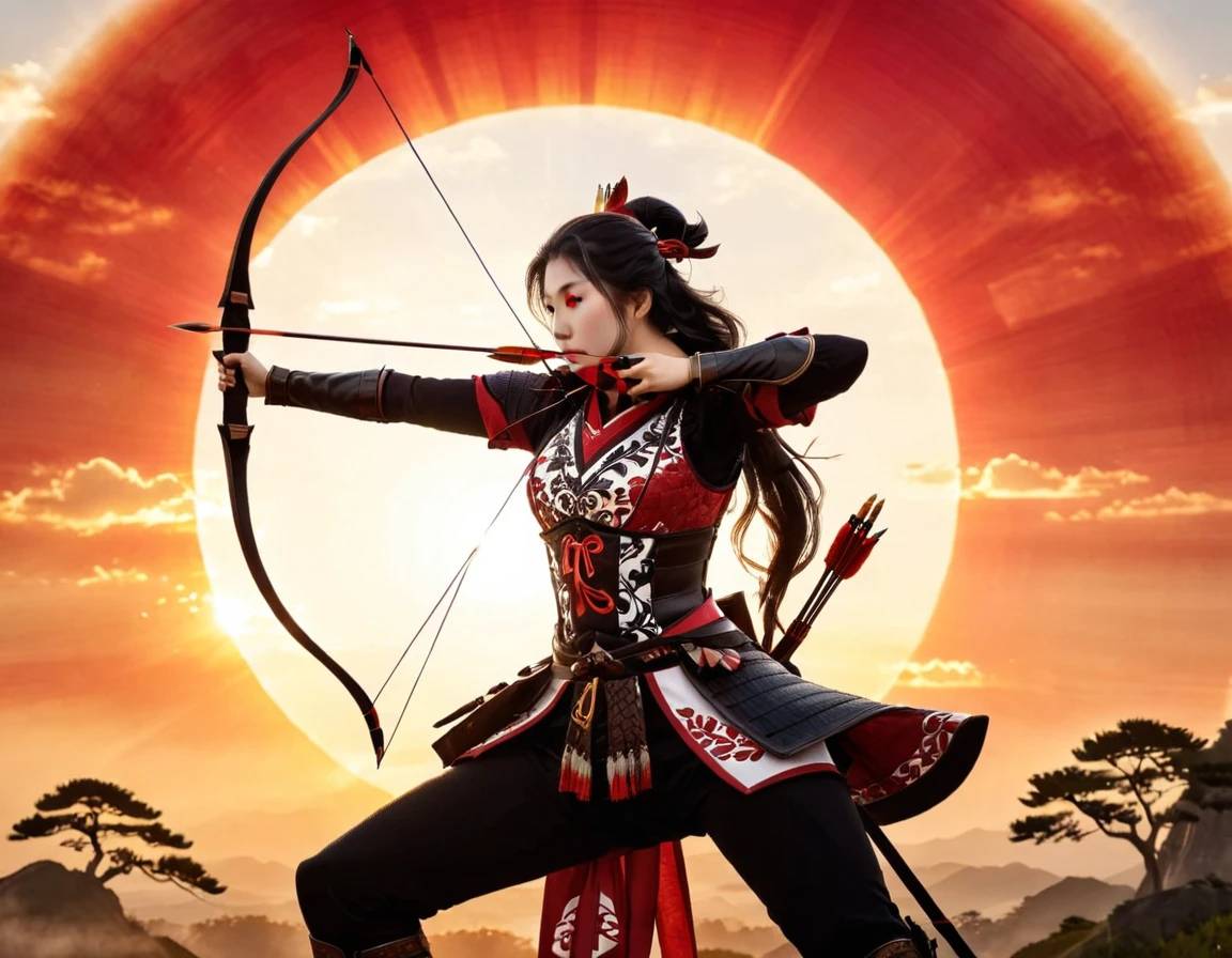 a Japanese watercolor illustration (using Black, white and red colors only) of a exquisite beautiful female archer, (silhouette artwork: 1.3), (aiming a bow: 1.4), holding the (composite masterwork bow: 1.3)  perfectly, ready for action as the sun rises, fantasy art, ), sun rising behind the archer, ready to act,  ultra feminine, with a long curvy hair, wearing knights armor, intricate clothes, , sting drawn to the cheek , arrow ready to be shot, (tip of the arrow glimmers in the sun: 1.3), sunrays, divine rays, high details, best quality, 16k, [ultra detailed], masterpiece, best quality, (extremely detailed), dynamic angle, Aiming a Bow, bow (weapon), 