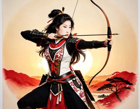 a japanese watercolor illustration (using black, white and red colors only) of a exquisite beautiful female archer, (silhouette ...