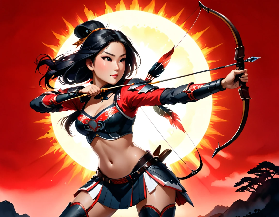 a Japanese watercolor illustration (using Black, white and red colors only) of a exquisite beautiful female archer, (silhouette artwork: 1.3), aiming a bow, holding the (composite masterwork bow: 1.3)  perfectly, ready for action as the sun rises, fantasy art, ), sun rising behind the archer, ready to act,  ultra feminine, with a long curvy hair, wearing knights armor, intricate clothes, , sting drawn to the cheek , arrow ready to be shot, (tip of the arrow glimmers in the sun: 1.3), sunrays, divine rays, high details, best quality, 16k, [ultra detailed], masterpiece, best quality, (extremely detailed), dynamic angle, Aiming a Bow, bow (weapon), ral-wtrclr